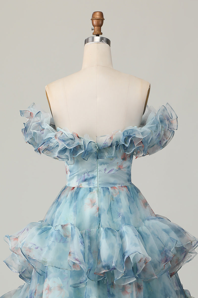 Laden Sie das Bild in den Galerie-Viewer, Geblümtes Blaues Langes A-Linie Schulterfreies Ballkleid mit Rüschen