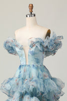 Laden Sie das Bild in den Galerie-Viewer, Geblümtes Blaues Langes A-Linie Schulterfreies Ballkleid mit Rüschen