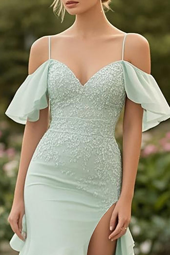 Mint Chiffon Kalte Schulter Applikationen Rüschen Ballkleid mit Schlitz