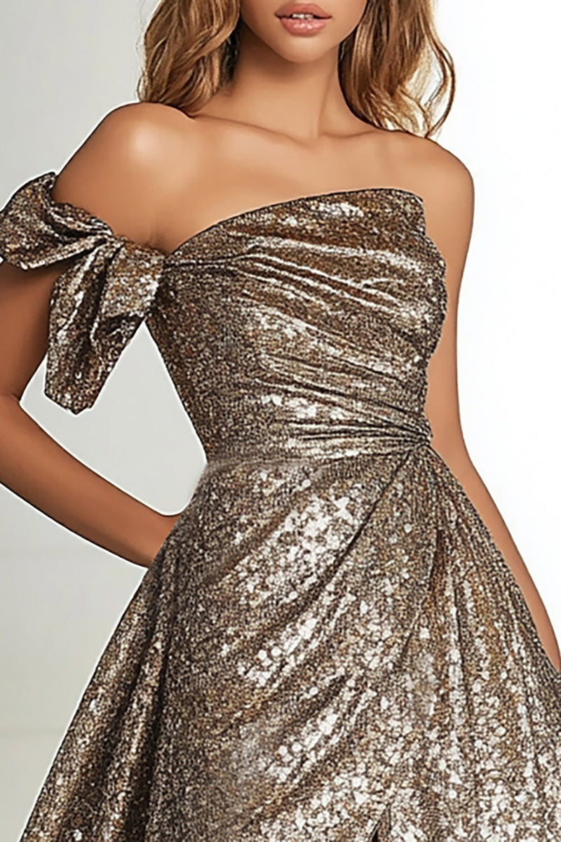 Laden Sie das Bild in den Galerie-Viewer, Gold Glitter A Linie Eine Schulter Plissee Ballkleid mit Schlitz