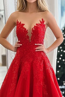Laden Sie das Bild in den Galerie-Viewer, Rotes Prinzessinnen Langes Satin Ballkleid mit Applikation