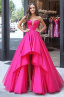 Laden Sie das Bild in den Galerie-Viewer, Fuchsia Prinzessin Herzausschnitt Hoch Niedrig Satin Langes Ballkleid