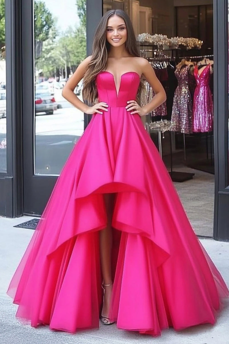 Laden Sie das Bild in den Galerie-Viewer, Fuchsia Prinzessin Herzausschnitt Hoch Niedrig Satin Langes Ballkleid