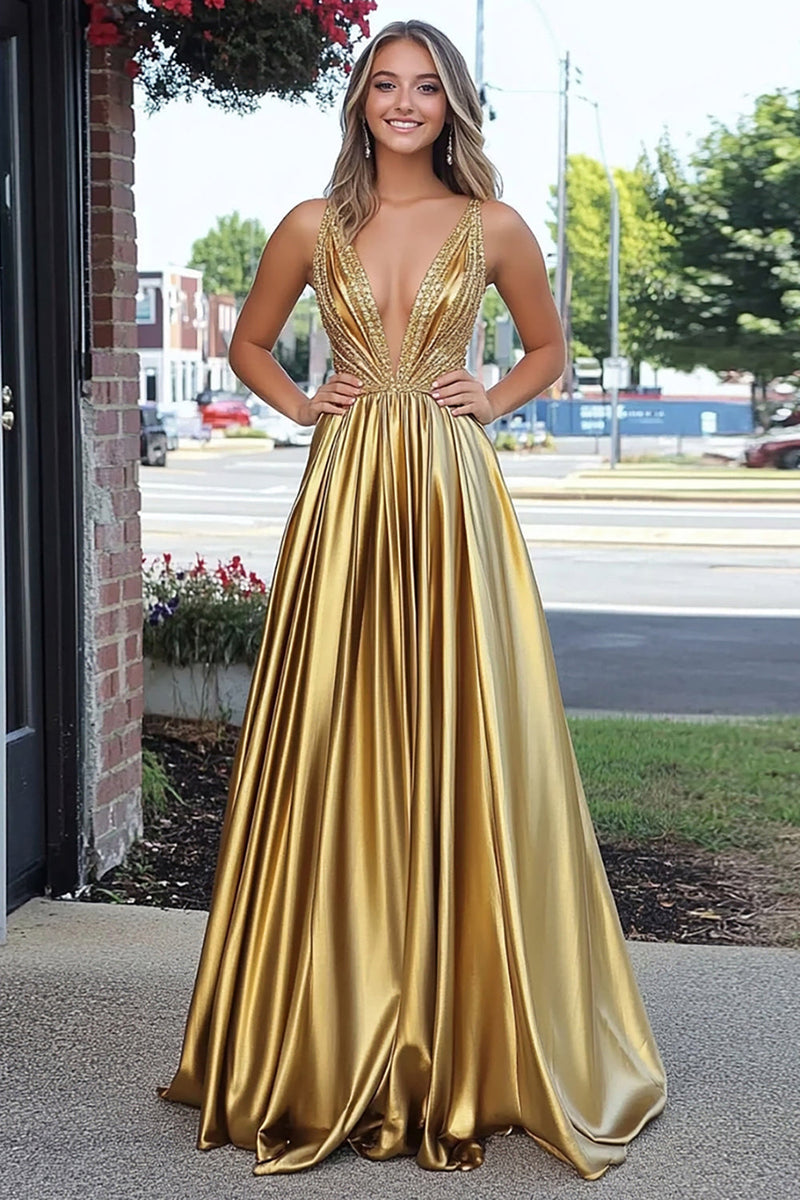 Laden Sie das Bild in den Galerie-Viewer, Glitzerndes Goldenes Langes A-Linie Satin Abendkleid mit tiefem V-Ausschnitt