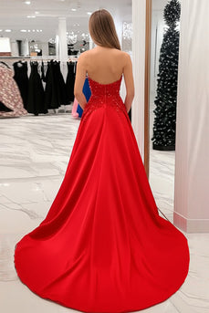 Prinzessin Rotes Herzförmiges Satin Ballkleid mit Applikationen