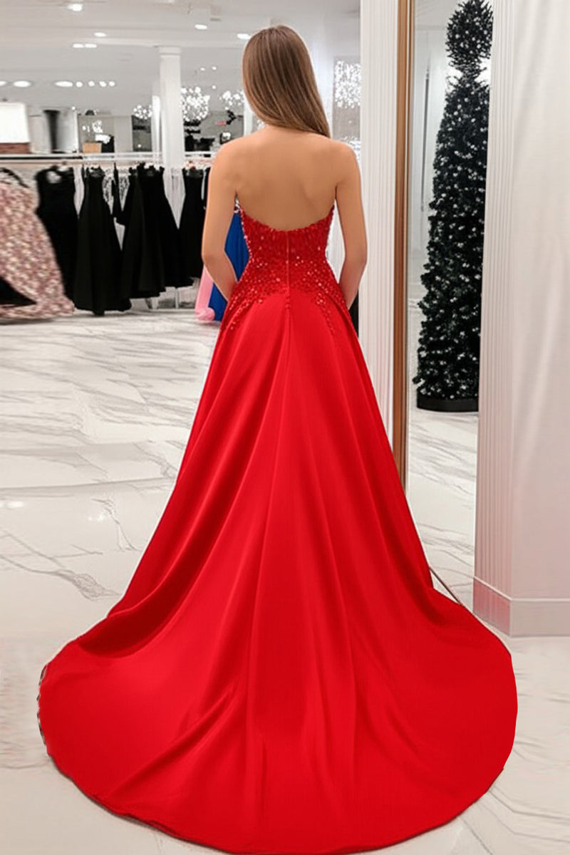 Laden Sie das Bild in den Galerie-Viewer, Prinzessin Rotes Herzförmiges Satin Ballkleid mit Applikationen