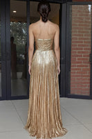 Laden Sie das Bild in den Galerie-Viewer, Gold Langes A-Linie Herzausschnitt Metallic Plissee Ballkleid mit Falten