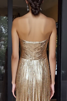 Laden Sie das Bild in den Galerie-Viewer, Gold Langes A-Linie Herzausschnitt Metallic Plissee Ballkleid mit Falten