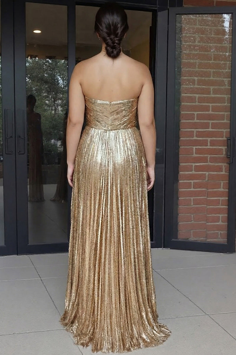 Laden Sie das Bild in den Galerie-Viewer, Gold Langes A-Linie Herzausschnitt Metallic Plissee Ballkleid mit Falten
