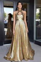 Laden Sie das Bild in den Galerie-Viewer, Glitzerndes Gold Neckholder Abendkleid in A-Linie