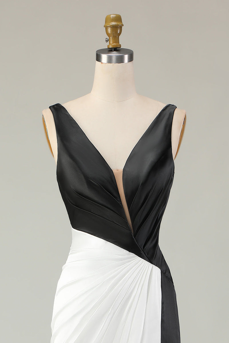 Laden Sie das Bild in den Galerie-Viewer, Schwarz-weißes Langes Etui Galakleid mit tiefem V-Ausschnitt