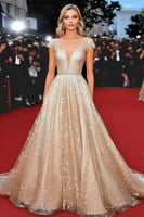 Laden Sie das Bild in den Galerie-Viewer, Champagner A Line Langes Galakleid mit Flügelärmeln und Applikationen und Gürtel