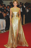 Laden Sie das Bild in den Galerie-Viewer, Langes A-Linie Metallic Satin Galakleid mit Rundhalsausschnitt und Gürtel