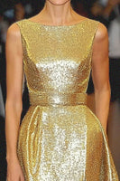 Laden Sie das Bild in den Galerie-Viewer, Langes A-Linie Metallic Satin Galakleid mit Rundhalsausschnitt und Gürtel