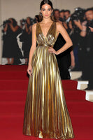 Laden Sie das Bild in den Galerie-Viewer, Schickes Gold Metallic A Linie Galakleid mit Gürtel