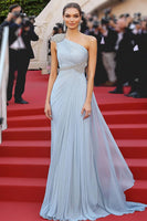 Laden Sie das Bild in den Galerie-Viewer, ZAPAKA Frauen Elegantes Himmelblaues A Line Eine Schulter Galakleid mit Perlen Chiffon Bodenlanges Rotes Teppichkleid