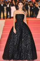 Laden Sie das Bild in den Galerie-Viewer, Schwarzes Trägerloses Ballkleid Galakleid mit Polka Dots