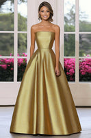 Laden Sie das Bild in den Galerie-Viewer, Schickes A-Linie Trägerloses Galakleid aus Metallic-Gold aus Satin