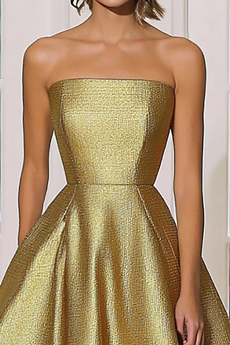 Laden Sie das Bild in den Galerie-Viewer, Schickes A-Linie Trägerloses Galakleid aus Metallic-Gold aus Satin