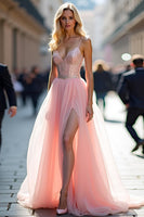 Laden Sie das Bild in den Galerie-Viewer, Glitzerndes Spaghettiträger Korsett Rosa Ballkleid mit Schlitz