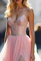 Laden Sie das Bild in den Galerie-Viewer, Glitzerndes Spaghettiträger Korsett Rosa Ballkleid mit Schlitz