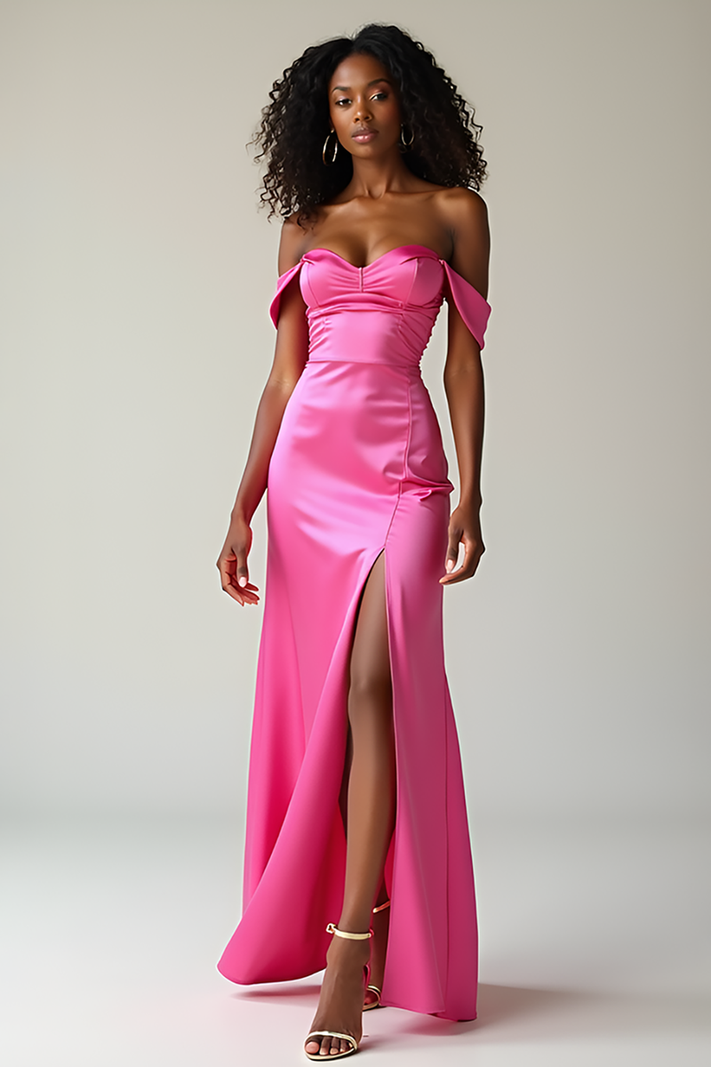 Laden Sie das Bild in den Galerie-Viewer, Einfaches Fuchsia Schulterfreies Satin Ballkleid mit Schlitz
