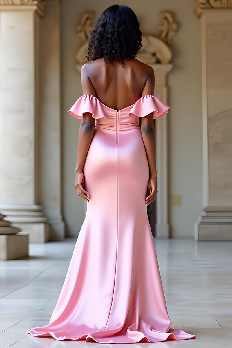 Laden Sie das Bild in den Galerie-Viewer, Elegantes Rosa Schulterfreies Ballkleid aus Satin mit Schlitz