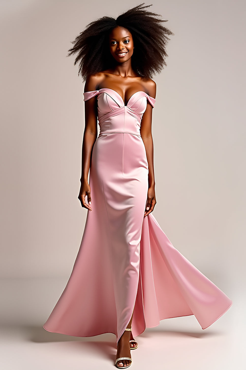 Schulterfreies Rosa Ballkleid aus Satin mit Schlitz