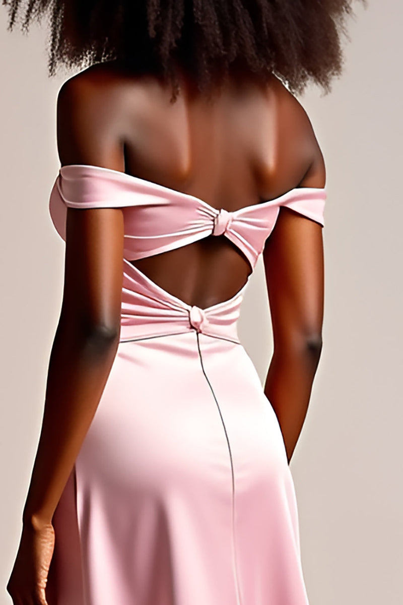Laden Sie das Bild in den Galerie-Viewer, Schulterfreies Rosa Ballkleid aus Satin mit Schlitz