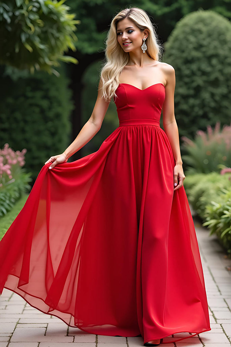 Laden Sie das Bild in den Galerie-Viewer, Rotes A-Linie Herzausschnitt Chiffon Langes Ballkleid
