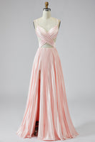 Laden Sie das Bild in den Galerie-Viewer, A Linie Rosa Plissee Ballkleid mit V-Ausschnitt und Schlitz
