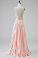 Laden Sie das Bild in den Galerie-Viewer, A Linie Rosa Plissee Ballkleid mit V-Ausschnitt und Schlitz