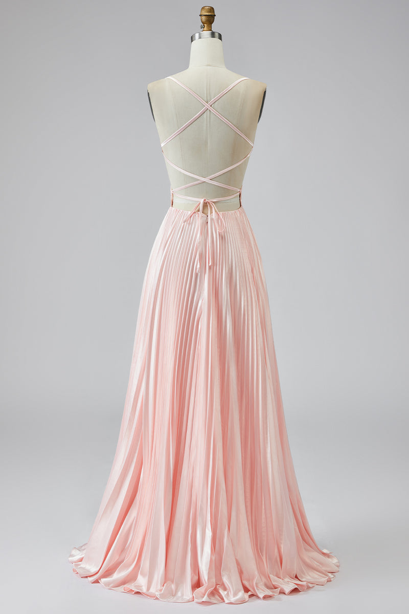 Laden Sie das Bild in den Galerie-Viewer, A Linie Rosa Plissee Ballkleid mit V-Ausschnitt und Schlitz