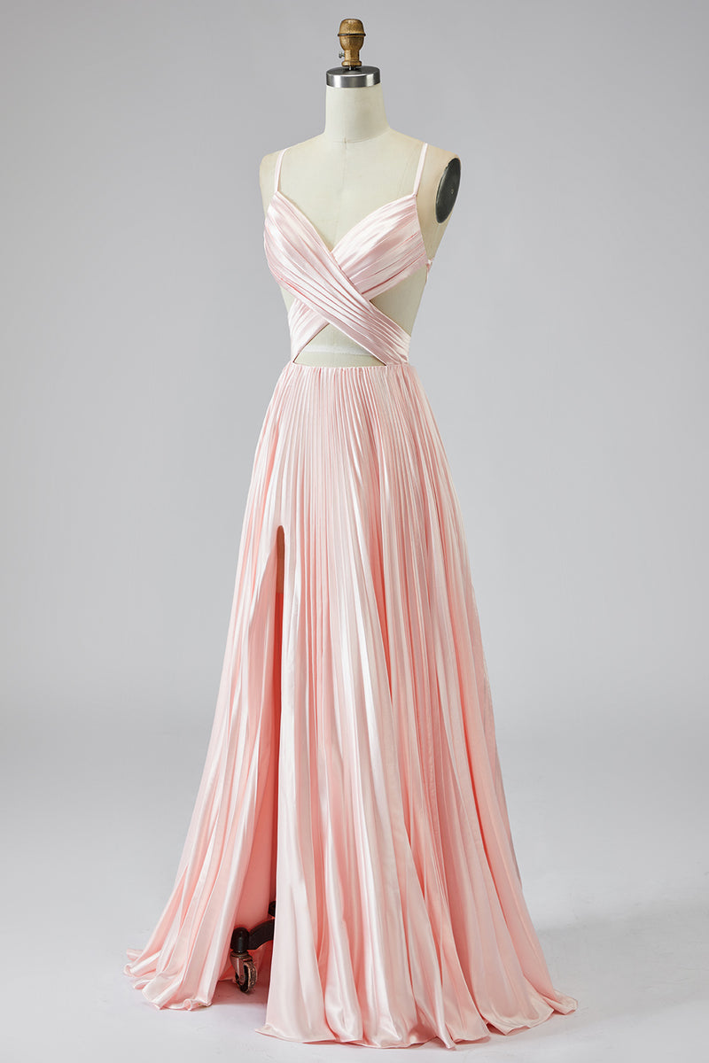 Laden Sie das Bild in den Galerie-Viewer, A Linie Rosa Plissee Ballkleid mit V-Ausschnitt und Schlitz