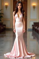 Laden Sie das Bild in den Galerie-Viewer, Champagner Meerjungfrau Spaghettiträger Rückenfreies Satin Langes Ballkleid