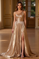 Laden Sie das Bild in den Galerie-Viewer, Gold A Linie Eine Schulter Langes Metallic Ballkleid mit Schlitz