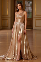 Laden Sie das Bild in den Galerie-Viewer, Gold A Linie Eine Schulter Langes Metallic Ballkleid mit Schlitz