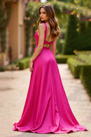 Laden Sie das Bild in den Galerie-Viewer, Fuchsia A-Linie Spaghettiträger Langes Satin Ballkleid mit Schlitz