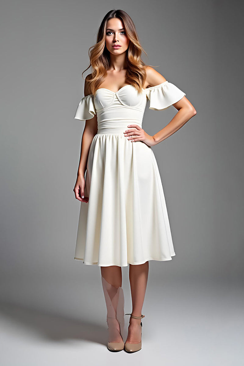 Laden Sie das Bild in den Galerie-Viewer, Weißes Schulterfreies Plissiertes Standesamtkleid in A-Linie