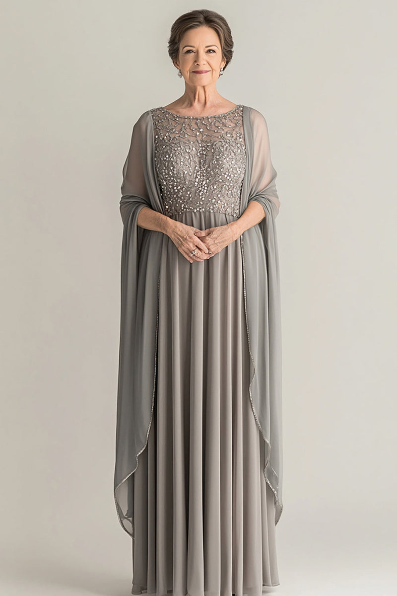Laden Sie das Bild in den Galerie-Viewer, Elegantes Silber A-Linie Chiffon Brautmutterkleid mit Rundhalsausschnitt und Spitzenapplikationen