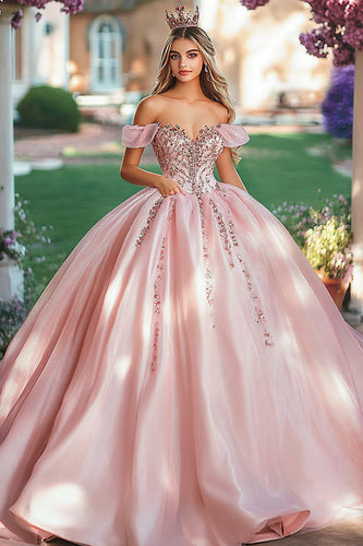 Schulterfreies Prinzessin Quinceanera Kleid aus Satin mit Applikationen