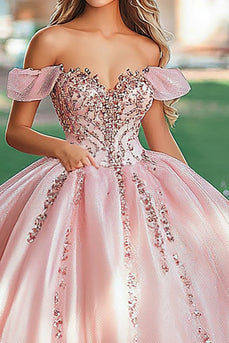 Schulterfreies Prinzessin Quinceanera Kleid aus Satin mit Applikationen