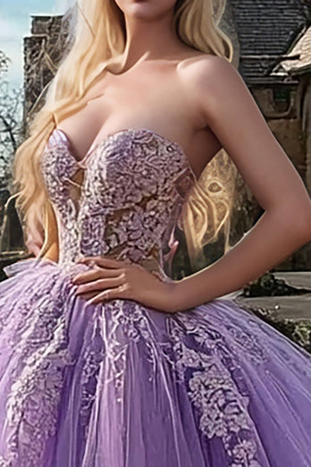 Pflaumen Herzausschnitt Ball Goown Quinceanera Kleid aus Tüll mit Applikationen