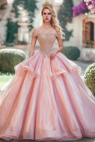 Schulterfreies Prinzessin Perlen Quinceanera Kleid aus Organza