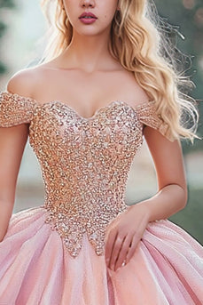 Schulterfreies Prinzessin Perlen Quinceanera Kleid aus Organza