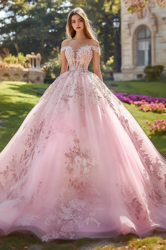 Schulterfreies Tüll Ball Quinceanera Kleid mit Applikationen