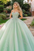 Laden Sie das Bild in den Galerie-Viewer, Mint Ballkleid Tüll Herzausschnitt Quinceanera Kleid mit Applikationen