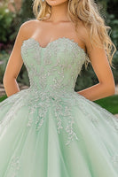 Laden Sie das Bild in den Galerie-Viewer, Mint Ballkleid Tüll Herzausschnitt Quinceanera Kleid mit Applikationen