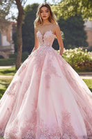 Laden Sie das Bild in den Galerie-Viewer, Prinzessin Blush Ballkleid Trägerloses Quinceanera Kleid aus Tüll mit Applikationen