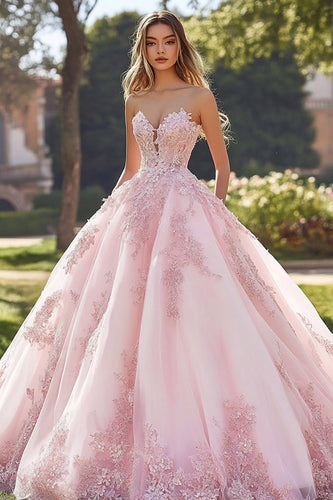 Prinzessin Blush Ballkleid Trägerloses Quinceanera Kleid aus Tüll mit Applikationen